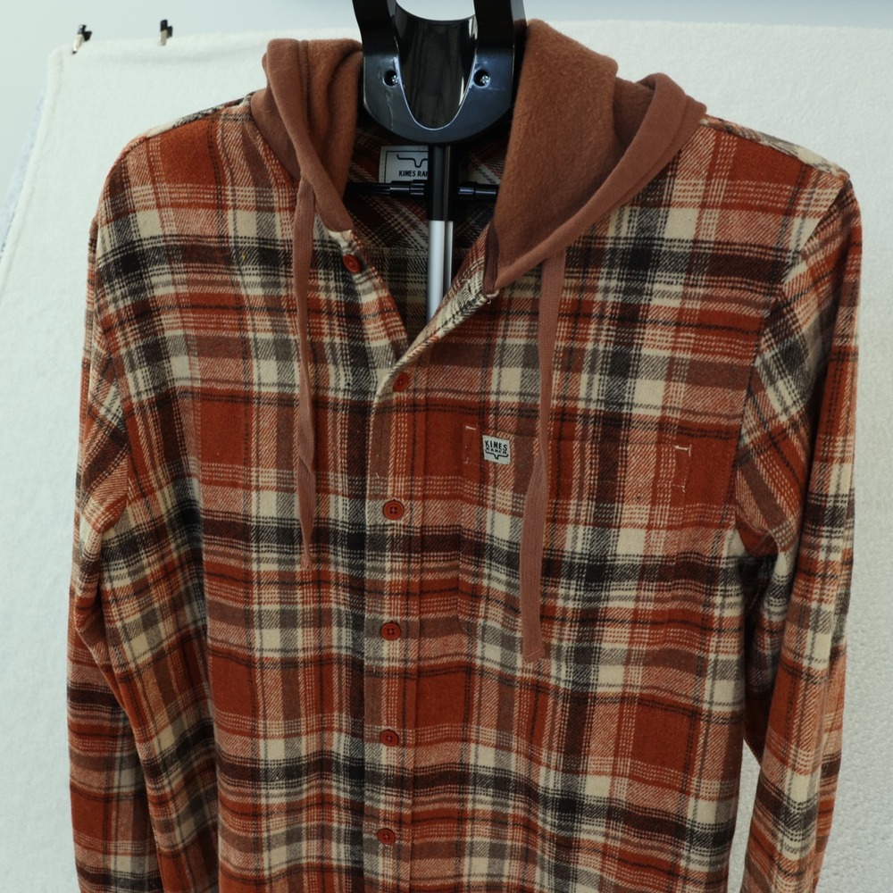 Kimes Ranch Delano Jacket Women's Large Rust Copper Plaid Hooded Flannel Shacket